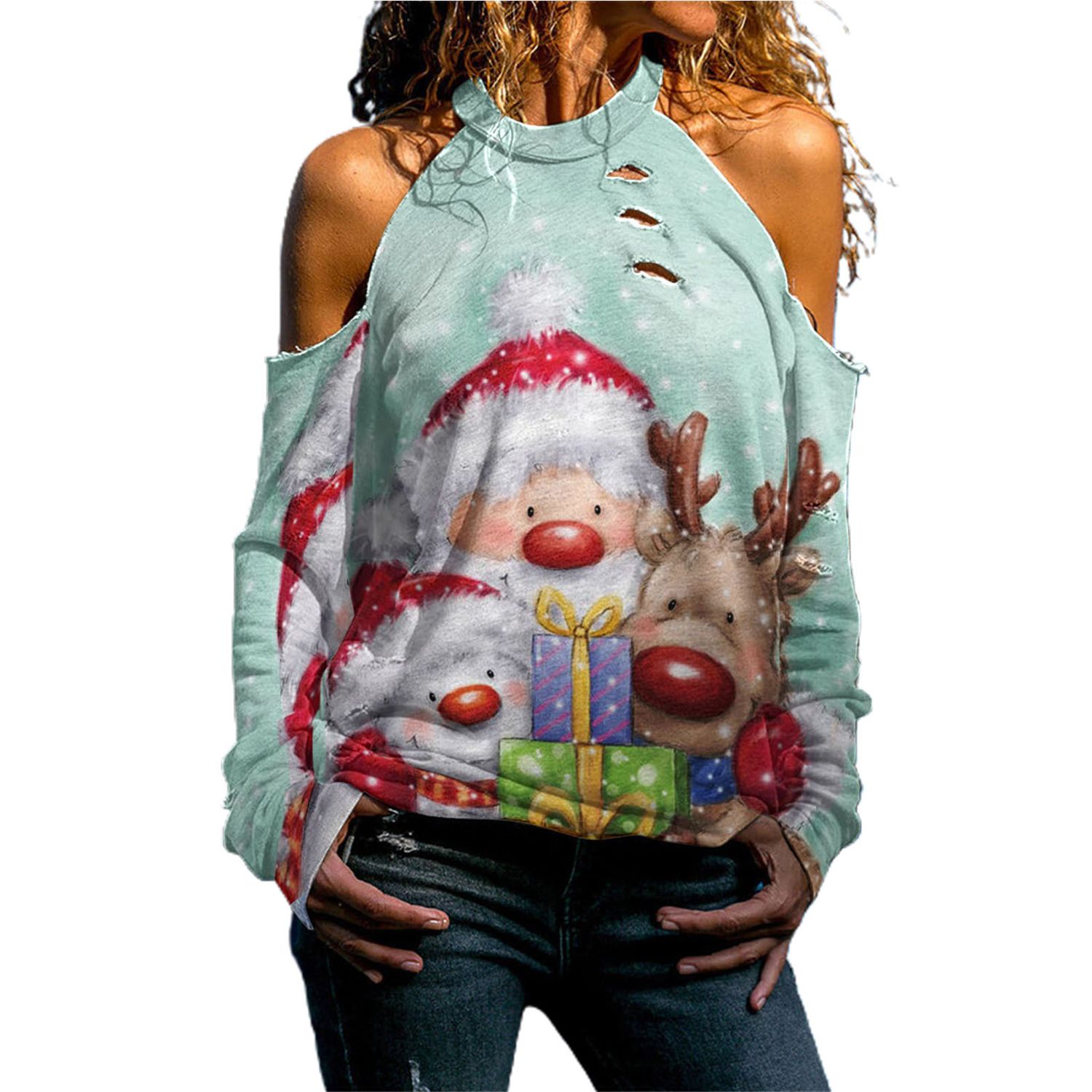 Women Blouse Ripped Holes Santa Claus Print Xmas Pullover Blouse