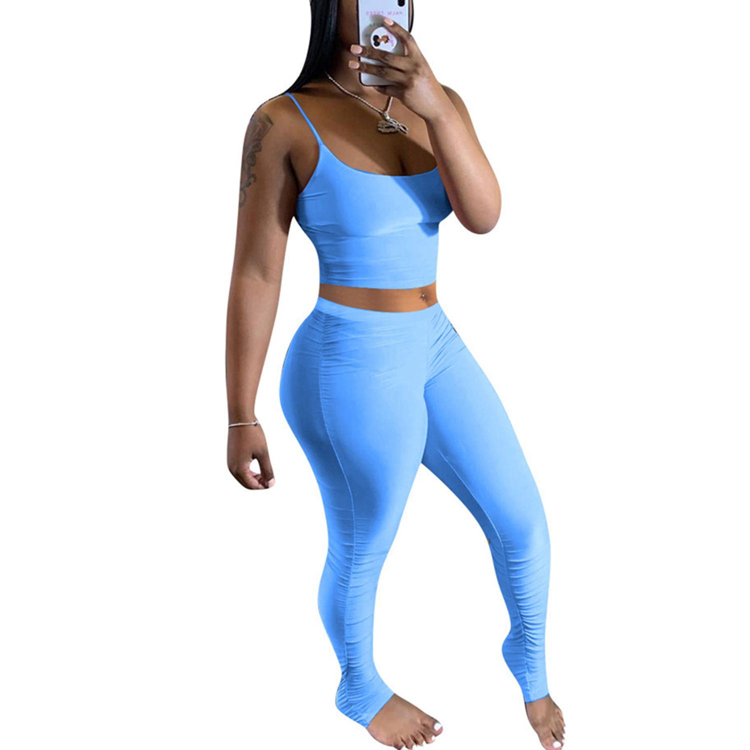Women Vest Top+ Leggings, Sportswear  Low-cut Simple Solid Color Style Summer Clothing