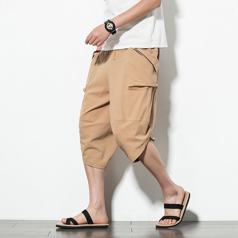 Summer Cotton Harem Pants Men Casual Hip Hop Streetwear Men Trousers Drawstring Cross Bloomers Calf-Length Pants Joggers