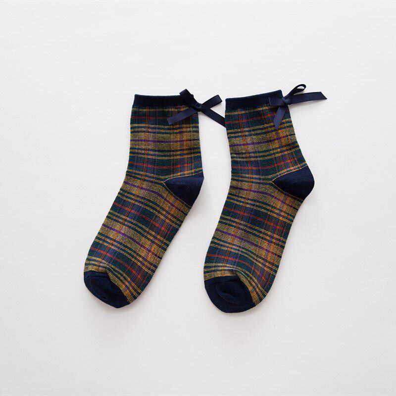 Vintage Bow Student College Style Socks Girls Cotton Socks Women Lattice Socks chaussette femme hiver