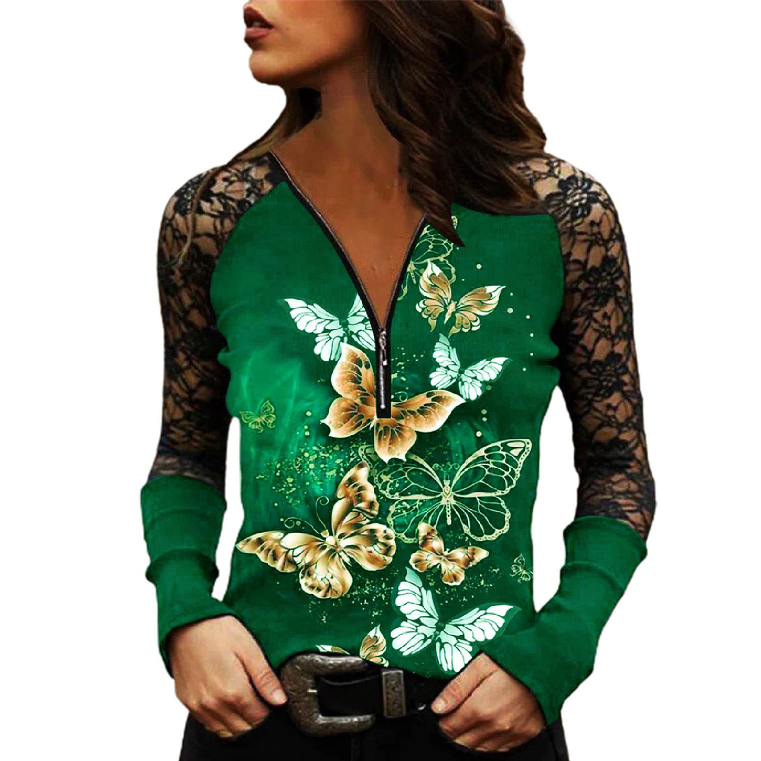 Spring Blouse Hollow Out Wear-resistant Zip-up Neck Spring Blouse