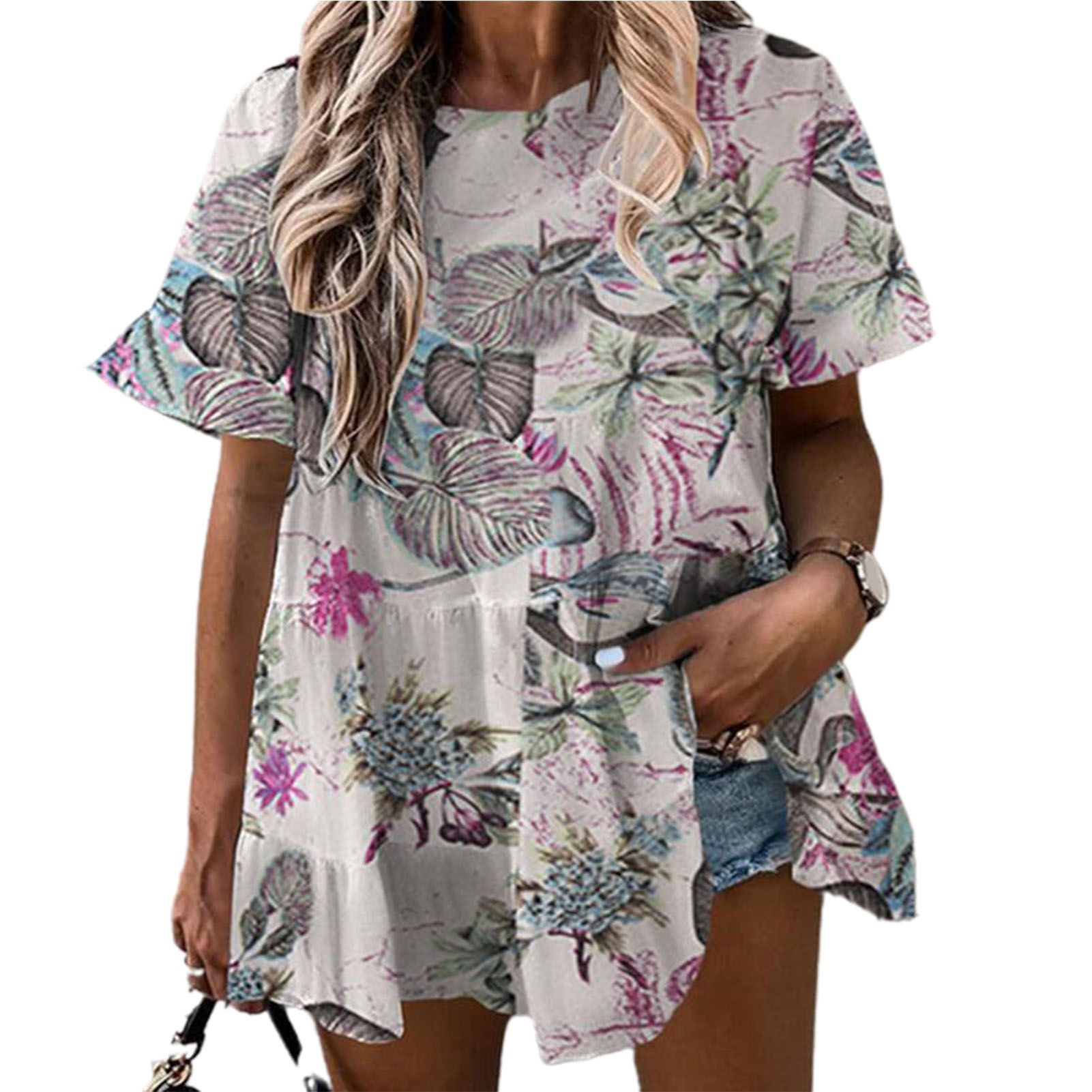 Summer T-shirts Loose Fit Ruffle Sleeve Casual Top