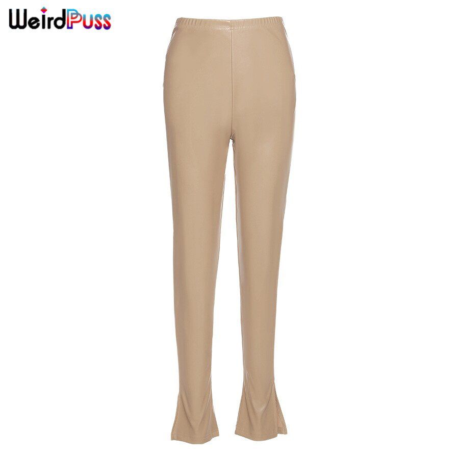 Summer Faux PU Leather Women Pencil Pants Elegance Skinny Side Split High Waist Hot Street Fashion Solid Trousers