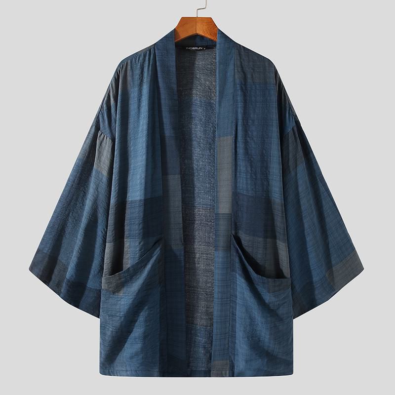 INCERUN Plaid Men Shirt Long Sleeve Kimono Open Stitch Outerwear Loose Pockets Streetwear Vintage Cardigan Long Shirts Men S-5XL