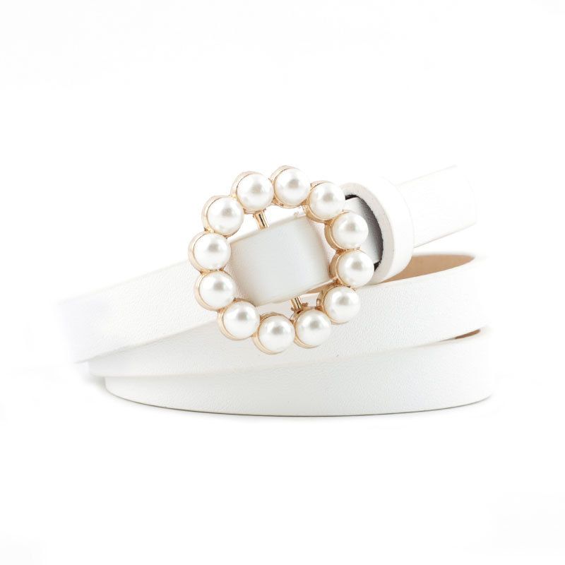 Loldeal 1.4x106cm New Korean Style Fashionable All-Match Women's Smooth Buckle Belt Round Inlaid Decorative Pearl Belt For Women