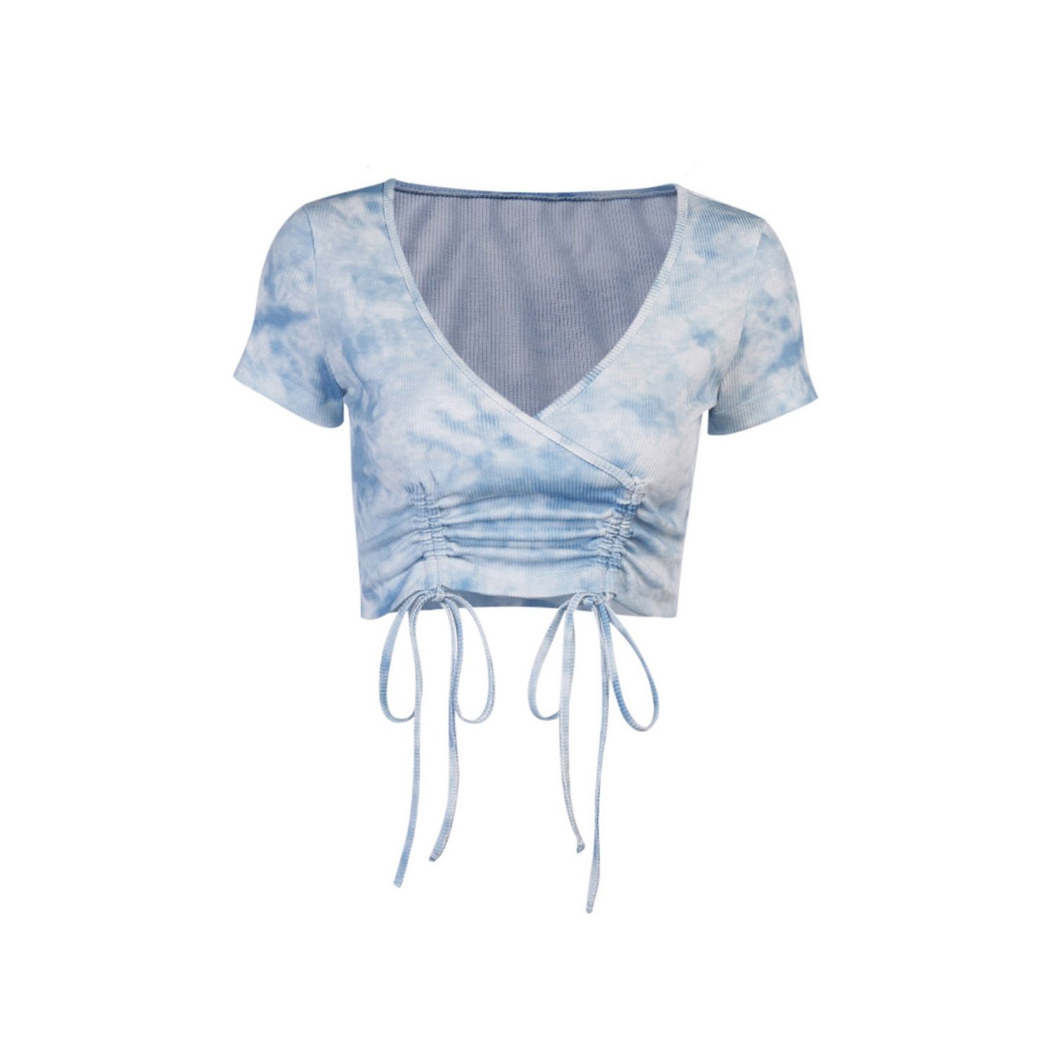 New Women Top, Summer Tie Dyeing Pattern Short Sleeve Outfit, Slim Crop Drawing Straps Deep V-Neck Wild