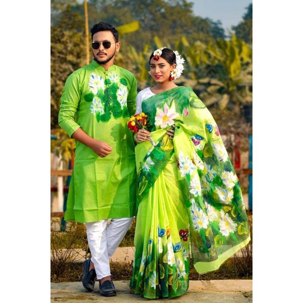New Exclusive Designer Half Silk Hand Print Saree And Dhupian Panjabi For Combo Couple