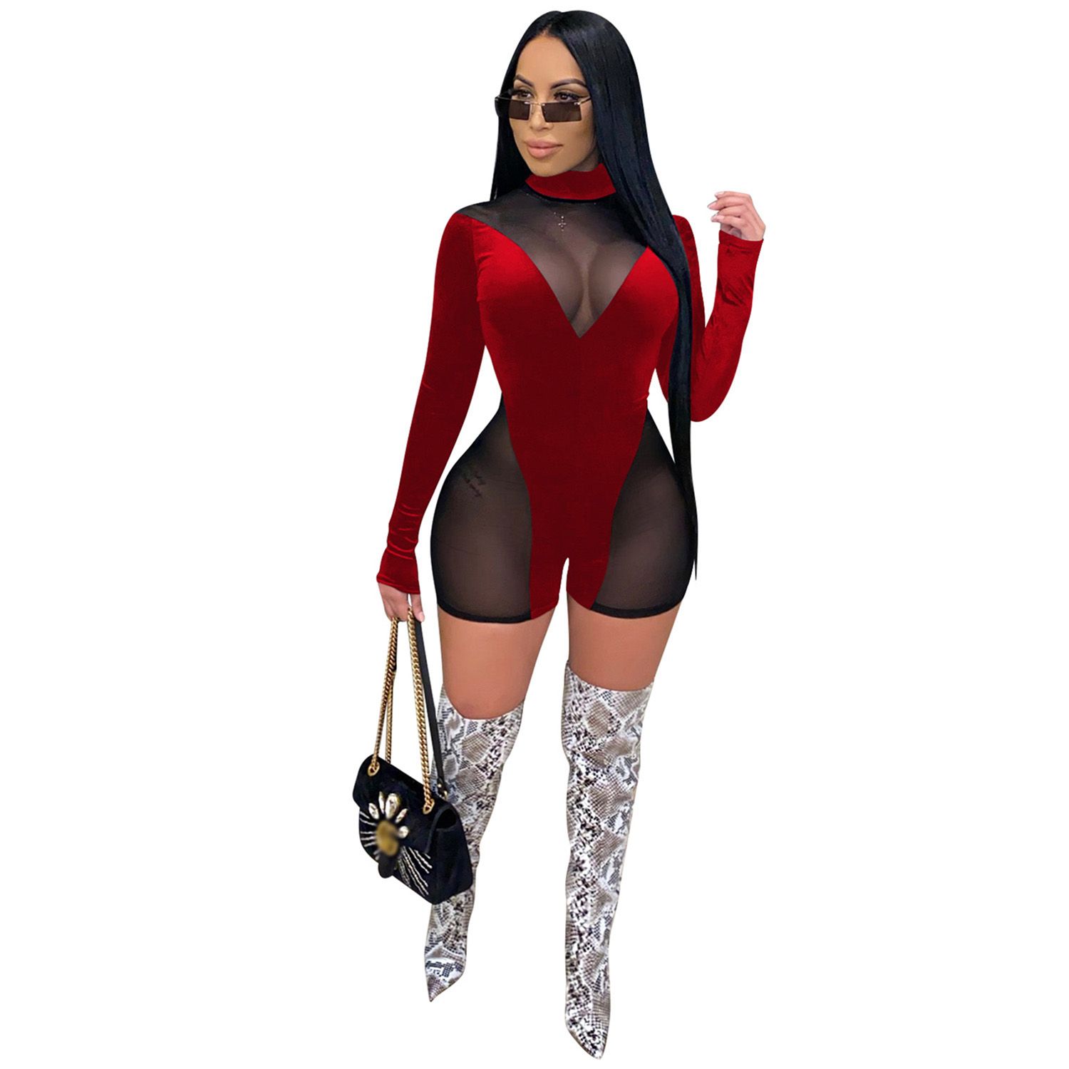 Women Sexy Pleuche Romper, Adults Long Sleeve Round Neck See-through Mesh Playsuit