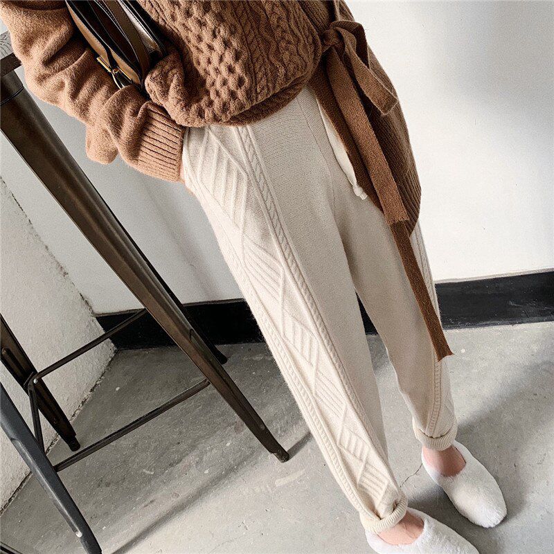 Winter en Women Harem Pants Casual Drawstring Twisted Knitted Pants Femme Chic Warm Female Sweater Trousers
