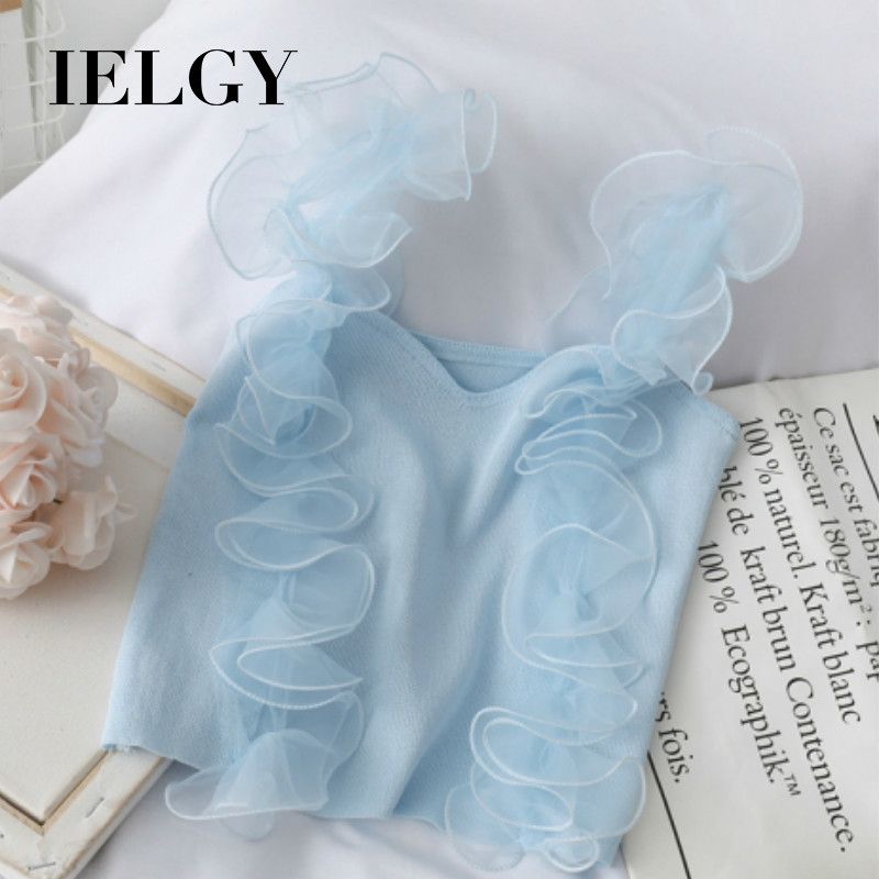 IELGY Super fairy sweet wind mesh stitching ruffled short halter top women