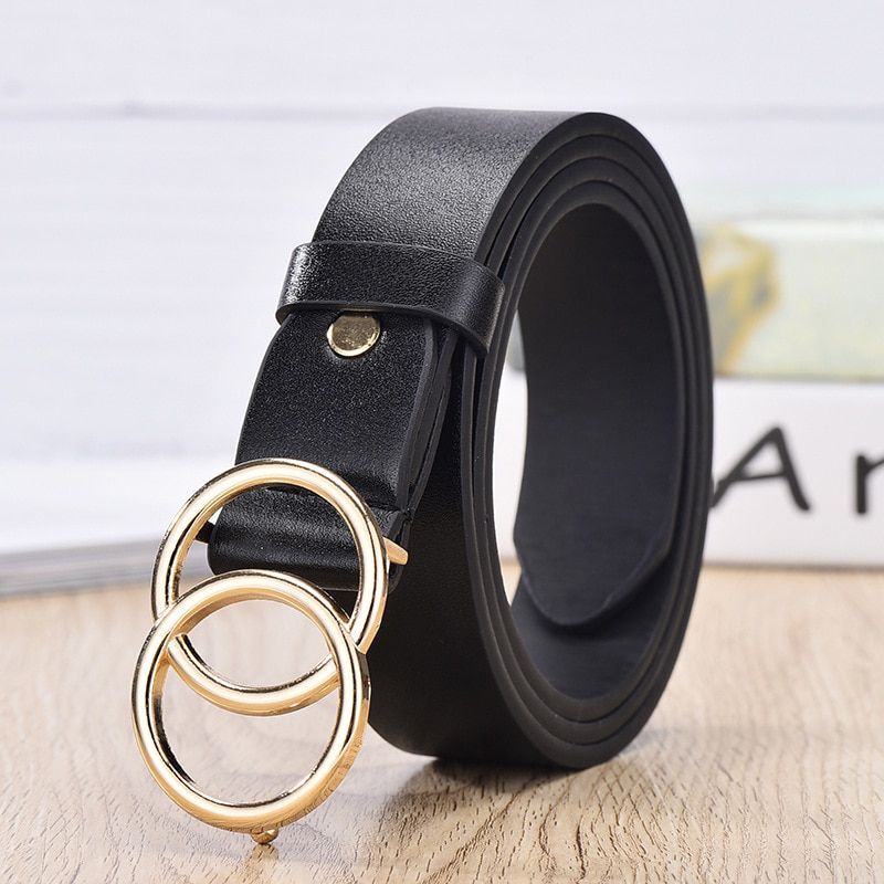 105cm Women Wild Strap Belts Casual Solid Double Ring Circle Buckle Girl Belt Jeans Dress PU Leather Waistband