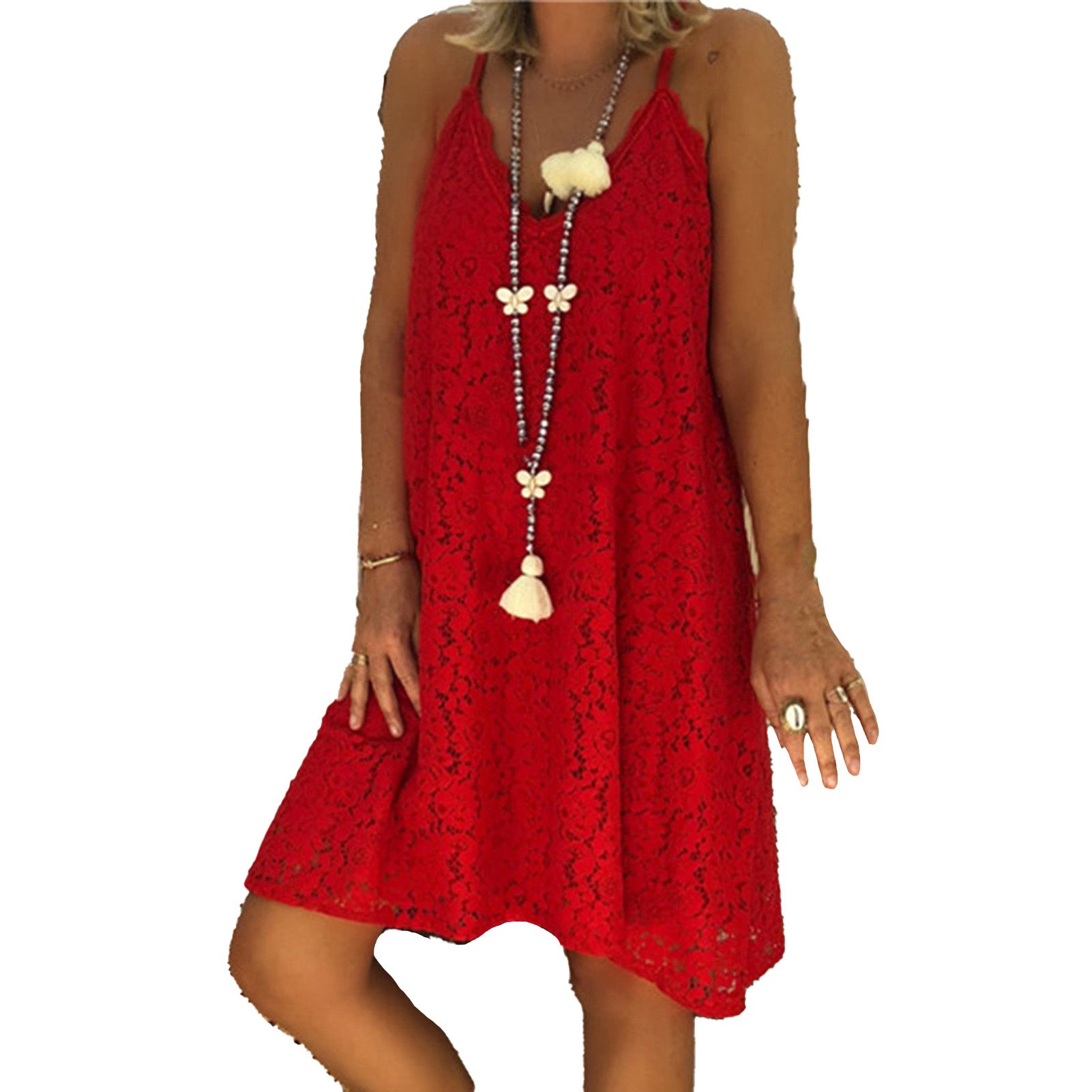Midi Dress Solid Color Lace Women Sleeveless V Neck Spaghetti Strap Dress for Dating