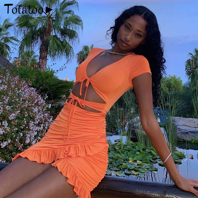Totatoop Floral Print Lace Up Bandage Summer Dress for Women 2021 Hollow Cut Ruffles Bandage Wrap Dress Beach Holiday Boho Robe