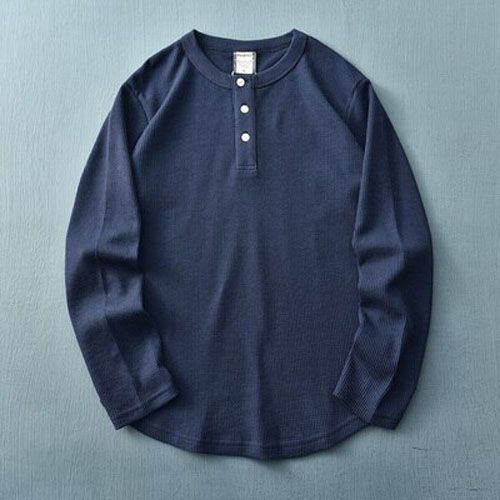 Autumn Long Sleeve Henry Collar Waffle Solid Color T-shirt Men's Fashion Simple 100% Cotton Washed Old Loose Casual Tops