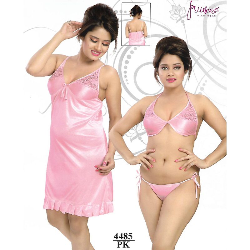 Three Part Satin Solid Women Nighty Set - Night Dress For Women - Night Dress For Women