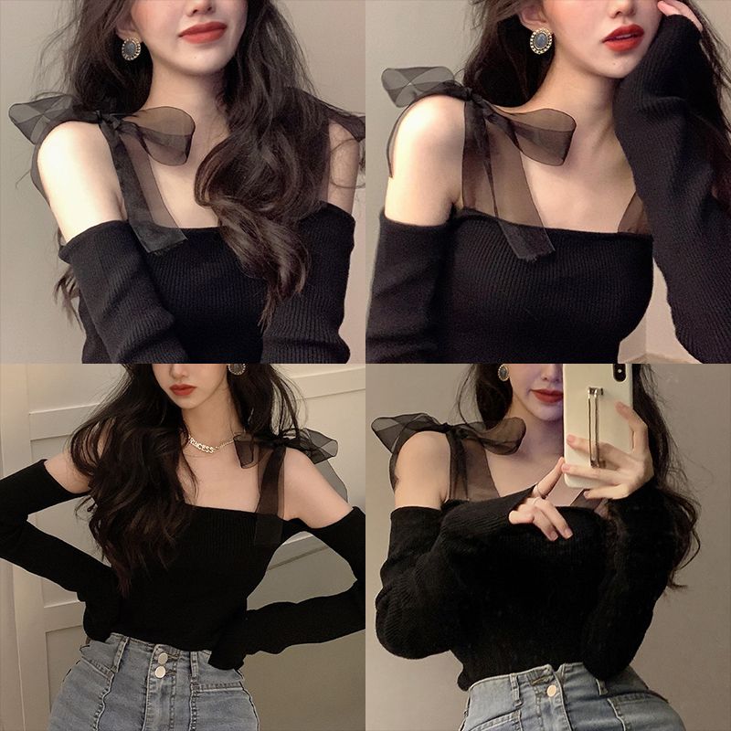 Women Trendy Crop Tops, Solid Color Ribbed Off-Shoulder Long Sleeve Blouse with Tied Shoulder Strap for Ladies, Black
