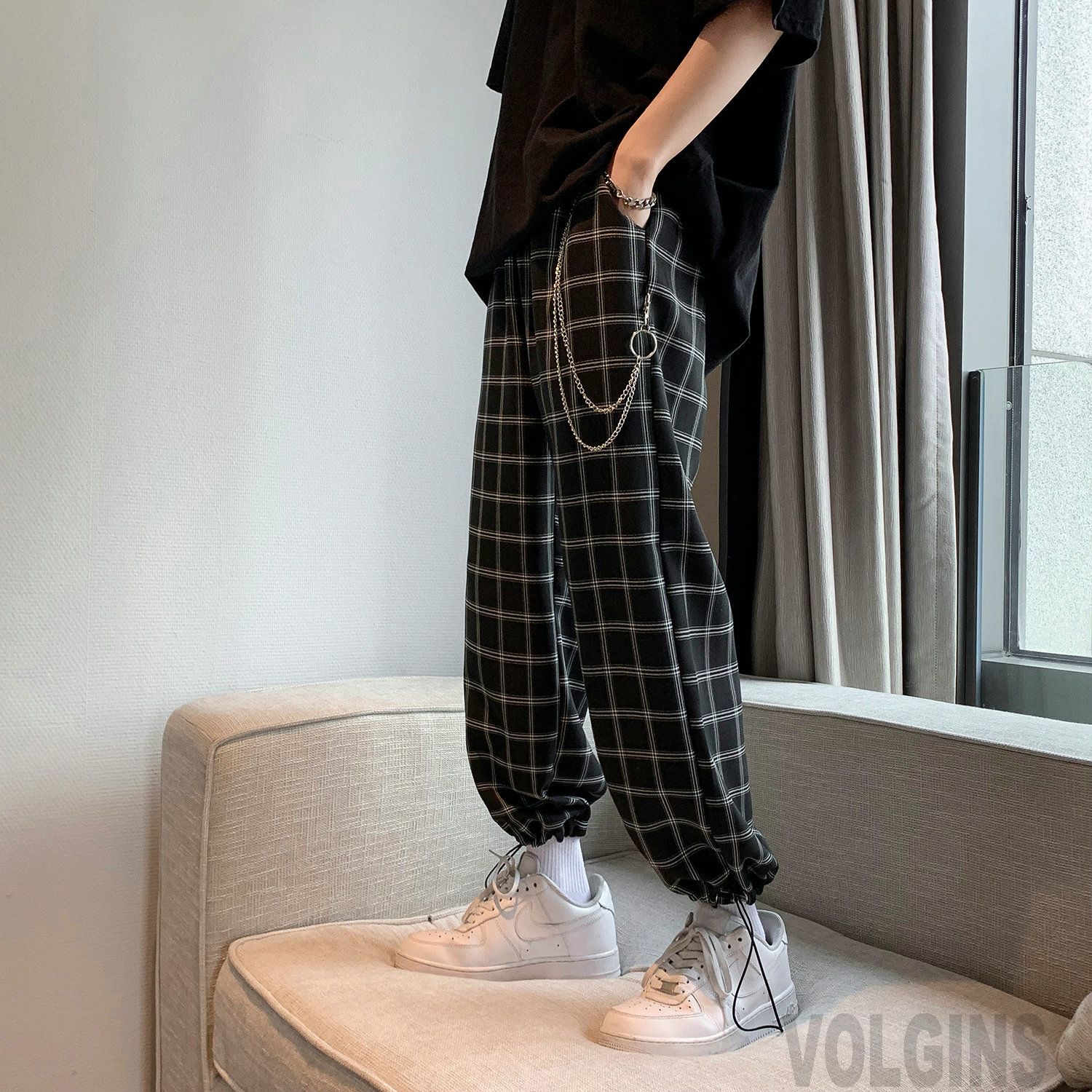 Plaid With Chain Wide Leg Pants Harem Pants Streetwear Men Summer Hip Hop Casual Trousers Fashion Male Pants