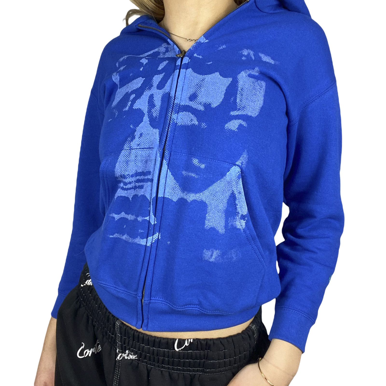 Women Hooded Jacket with Pockets, Irregular Printed Pattern Zipper Closure Coat, Black/ Dark Green/ Blue
