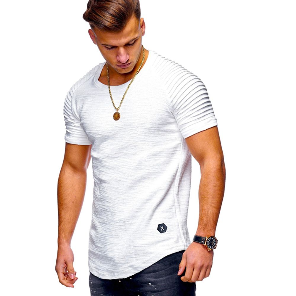 Hot 2021 Solid Color Sleeve Pleated Patch Detail Long Sleeve T-Shirt Men Spring Casual Tops Pullovers Fashion Slim Basic Tops