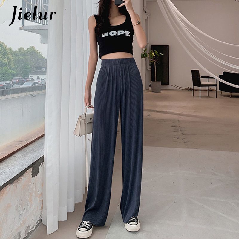 High Waist Pleated Pants Female S-XXL Thin Simple Loose Straight Women Trousers Black Navy Blue Wide Leg Long Pants