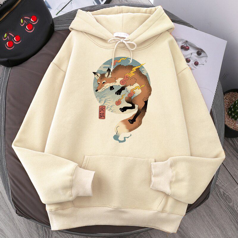 Cartoon Fire Fox Japanese Printing Hoodie Sweatshirt Loose Harajuku Hoodies Men Warm Pullovers Men Autumn  Hop Streetwear