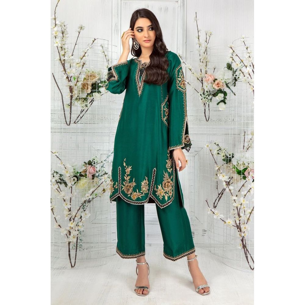 New Exclusive stitched salwar pan paijama and Kameez with bell bottom sleeve, lower part and sleeves floral embroidery work, semi long 2 piece For Women/Girls