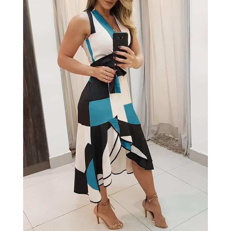 Summer V Neck Empire Belt Tunic Women's Midi Dress Fashion Geometry Print Irregular Office Ladies Dresses Plus Size