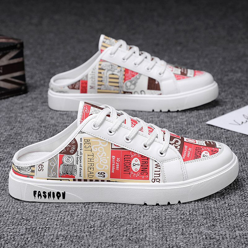 Half Shoes for Men Half Slippers Slip on Sandals Slipper Korean Graffiti White Mules Sneakers Student Casual Flat Sport Shoes