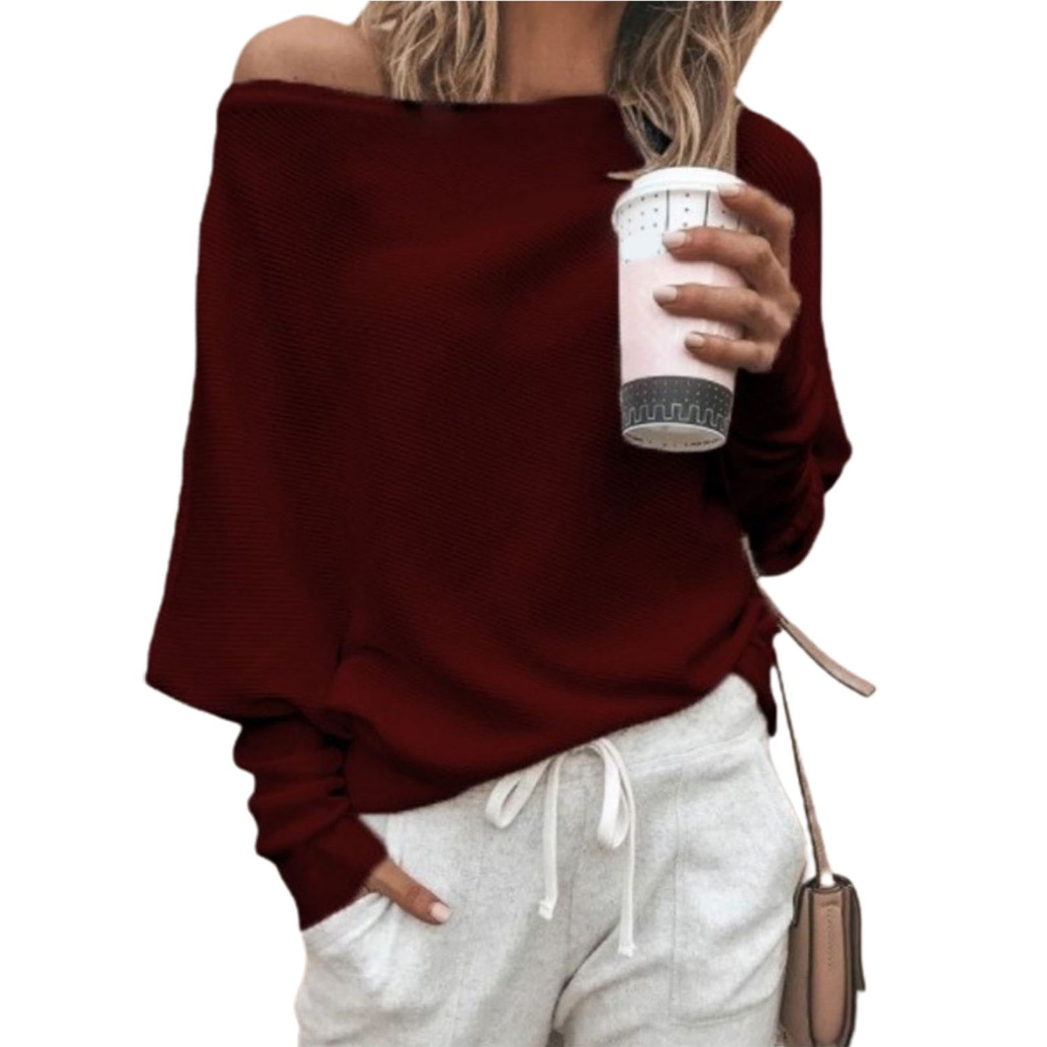Women Top Pure Color Slash Neck Batwing Sleeve Party Blouse