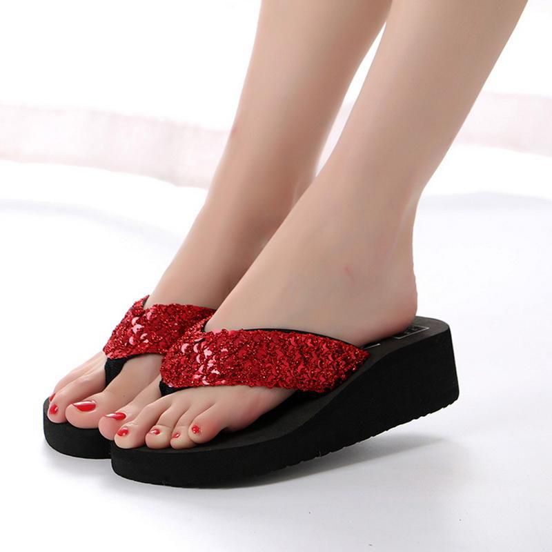 【ALLGOOD】Fashion Summer New Shoes Wedges Flip Flops Women's Sequins Slippers Beach Wear