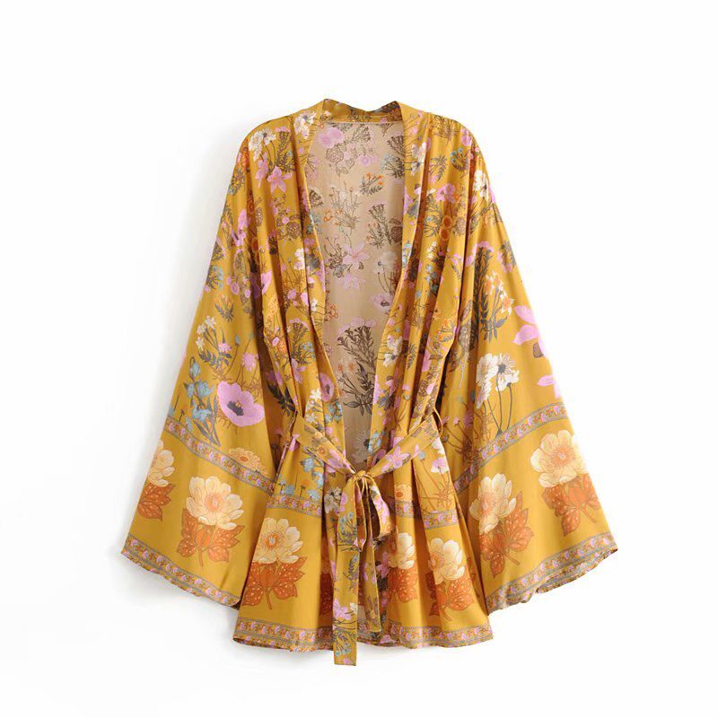 Happie s women floral print sashes bat sleeve beach Bohemian kimono dresses Ladies V neck Tassel Summer Boho dress vestidos