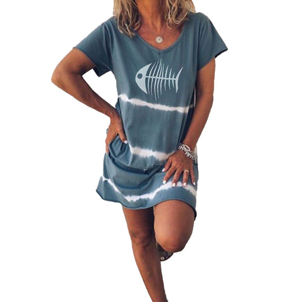 dresses for women Summer Casual V Neck Short Sleeve Fish Bone Print Beach Loose Mini Dress robe femme  летнее