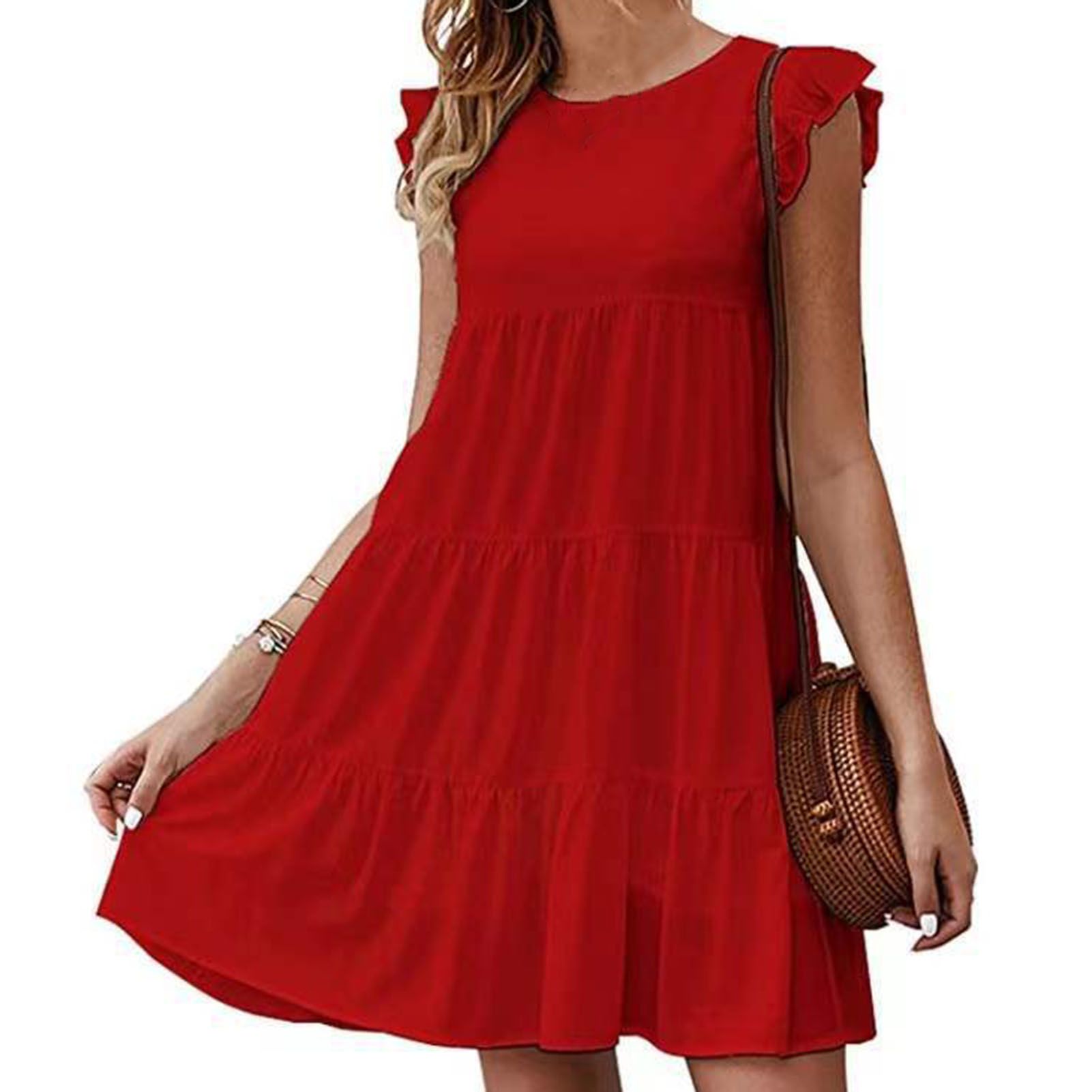 Sunnyheart Party Dress Solid Color Stitching Pleated Hem Women Summer Dress