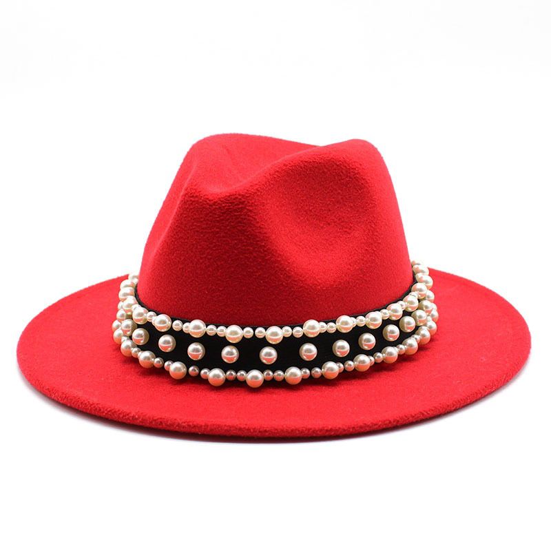 Pink Fedora Hat European and American New Style Elastic Pearl Ribbon Winter Uni Fedora Hat Monochrome кепка мужская