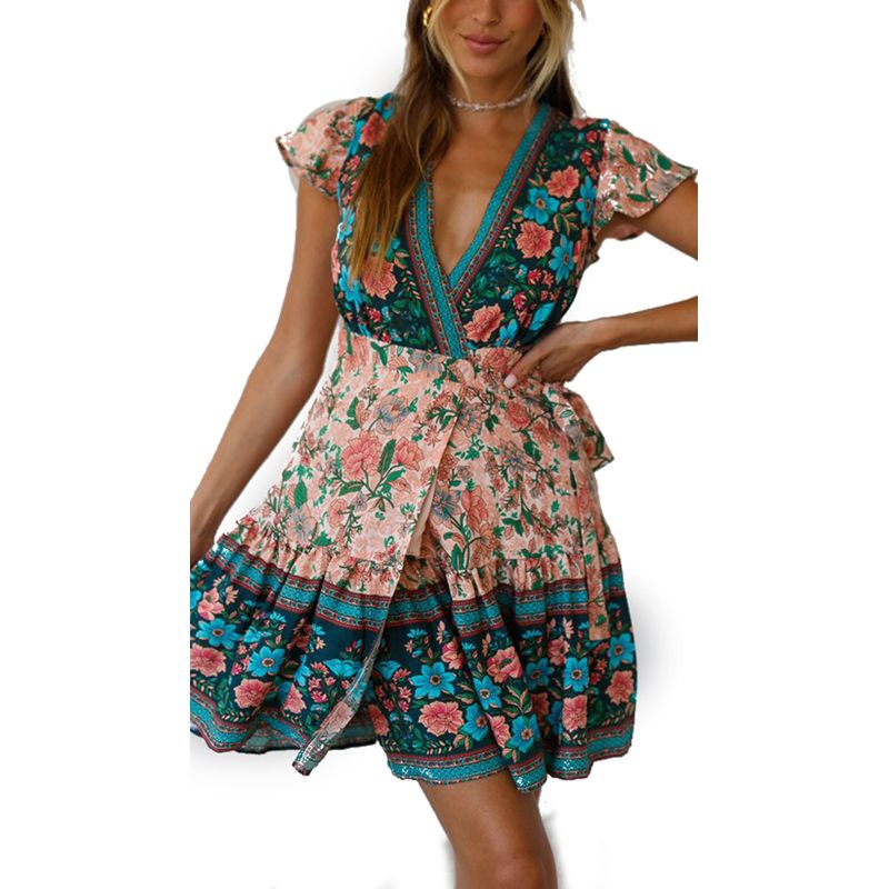 New Wrap Dress for Women,  Bohemian Butterfly Sleeve Plunging V-Neck Floral Pullover Holiday Beach D