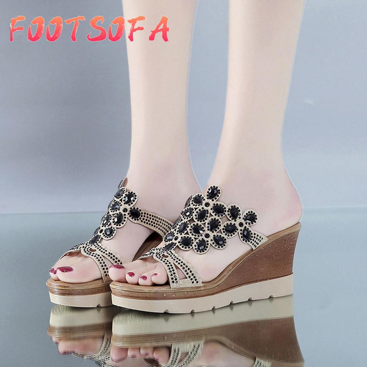 Korean Sandals for Women Women Summer Peep Toe Breathable Beach Sandals Rhinestone Slip-On Wedges Shoes Women Casual Flat ShoeFashion Shoes Work