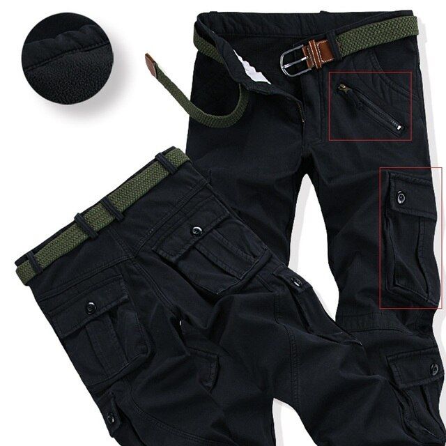 Men Winter Thicken Fleece Pants  Cargo Tactical Pant Overalls  Cotton Casual Loose Zipper Multi-pocket Warm Trousers
