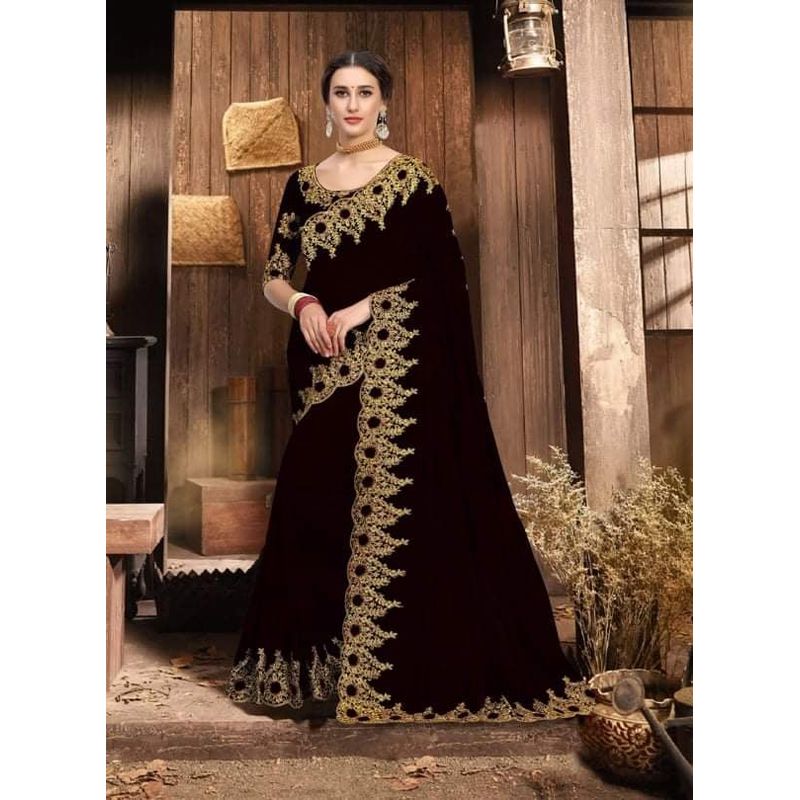 Indian Weightless Georgette Saree Black  Color High Quality Embroidery Work On Blouse