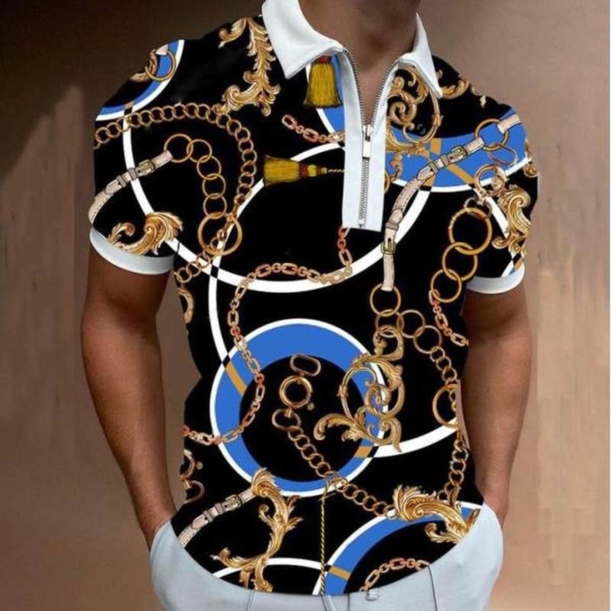 Tshirts for Men Art Print Short Sleeve Shirts Streetwear Mens Clothing Slim Zipper Neck Turn Down Collar Graphic T Shirt Tops