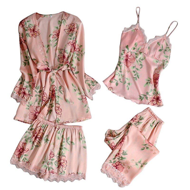 Women Pajamas Sets Satin Sleepwear Silk 4 Pieces Nightwear Pyjama Spaghetti Strap Lace Sleep Lounge Pijama With ChPads