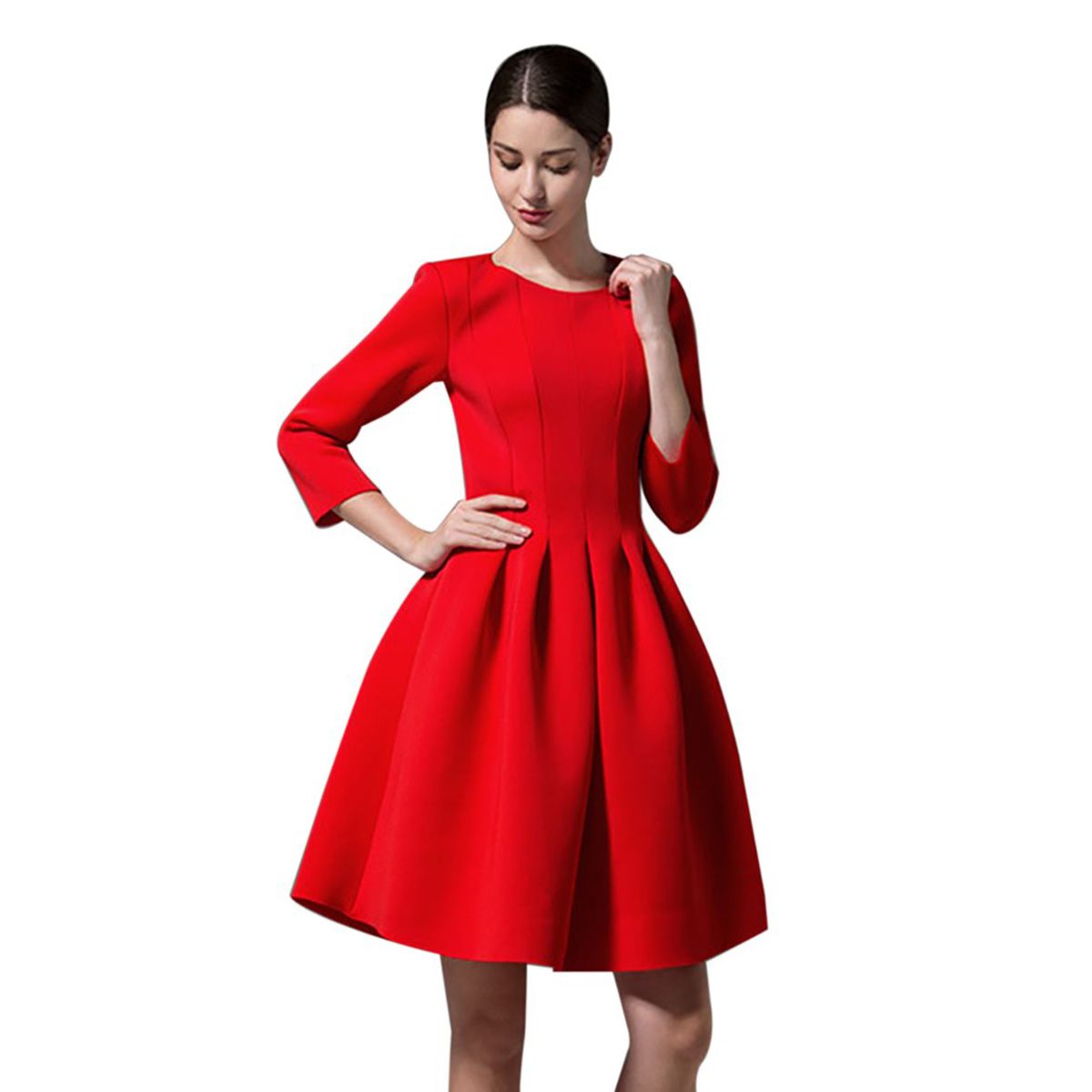 Autumn Winter Round Collar High Waist Three Quarter Sleeve Zipper Women Dress
