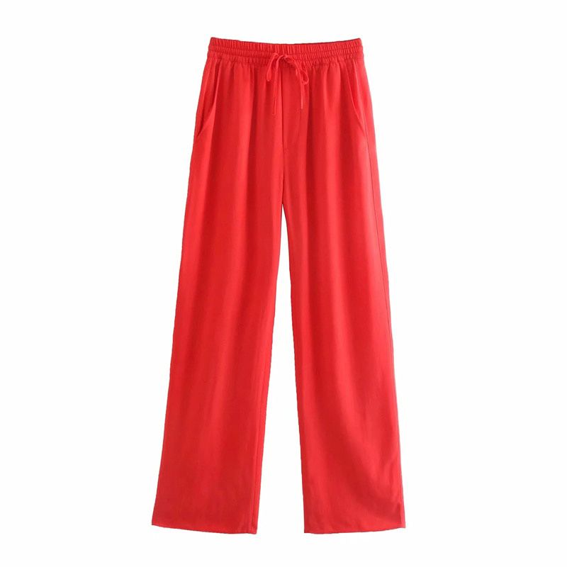 Woman PantsSummer Red Women Clothing Trousers Chic Elastic High Waist Wide Leg Loose Pocket Casual Women Pants