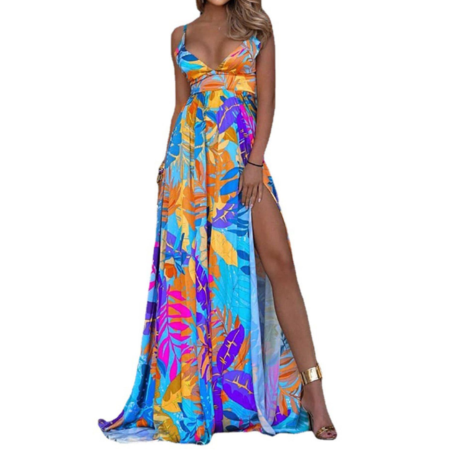 Women Dress Elegant V-neck Off-shoulder Leaves Sling Dress
