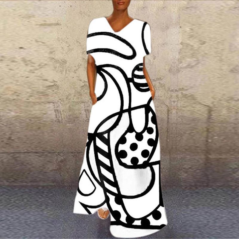 Ladies Elegant Abstract Girl Printed Party Dresses Casual Short Sleeve V Neck Long Dresses Summer Loose Plus Size A-line Dresses