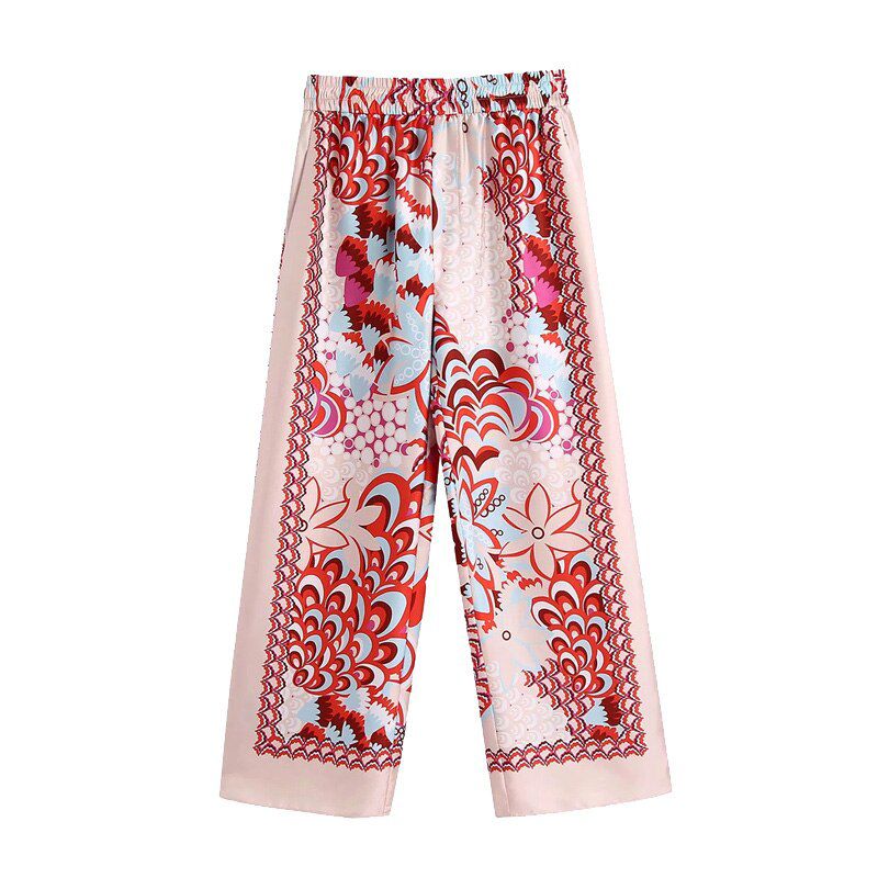 Women Chic Fashion Patchwork Floral Print Wide Leg Pants Vintage High Elastic Waist Female Ankle Trousers Mujer