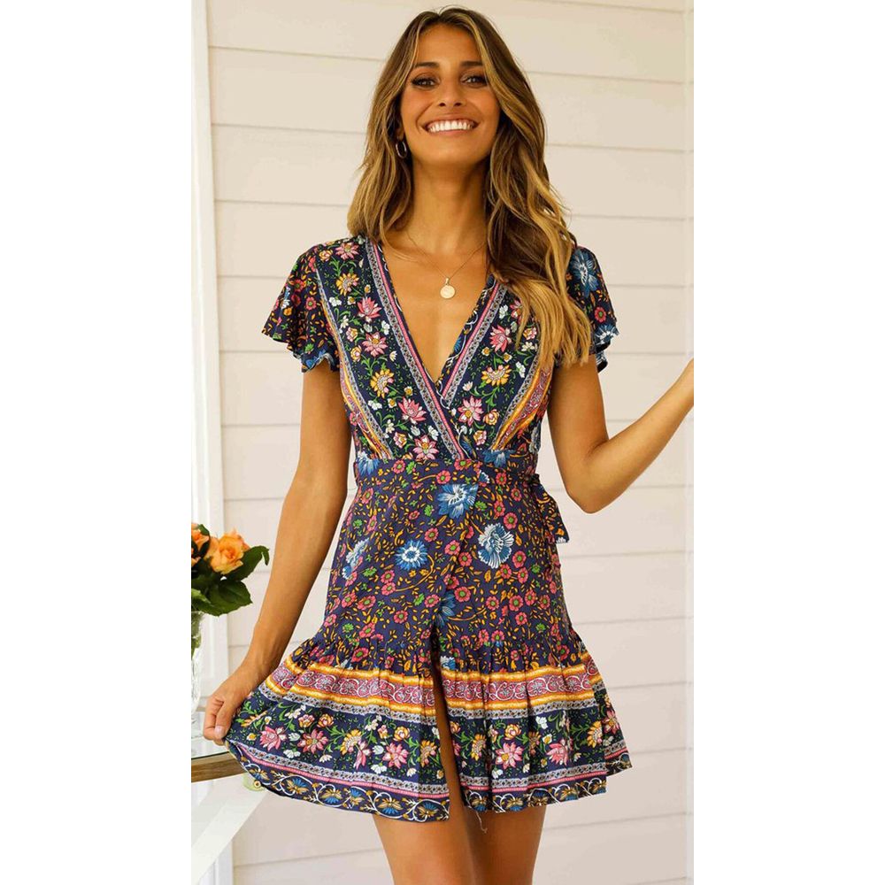 Vintage Chic women hippie  floral print deep V-neck sashes Bohemian mini dress  ladies short sleeve  Boho dresses vestidos