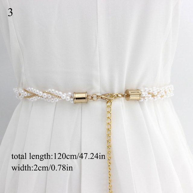 Fashion Brand Women Thin Belt Pearl Decor Metal Buckle Beaded Hook Waist Chain Dress Decorative Waistband Clothing Accessories