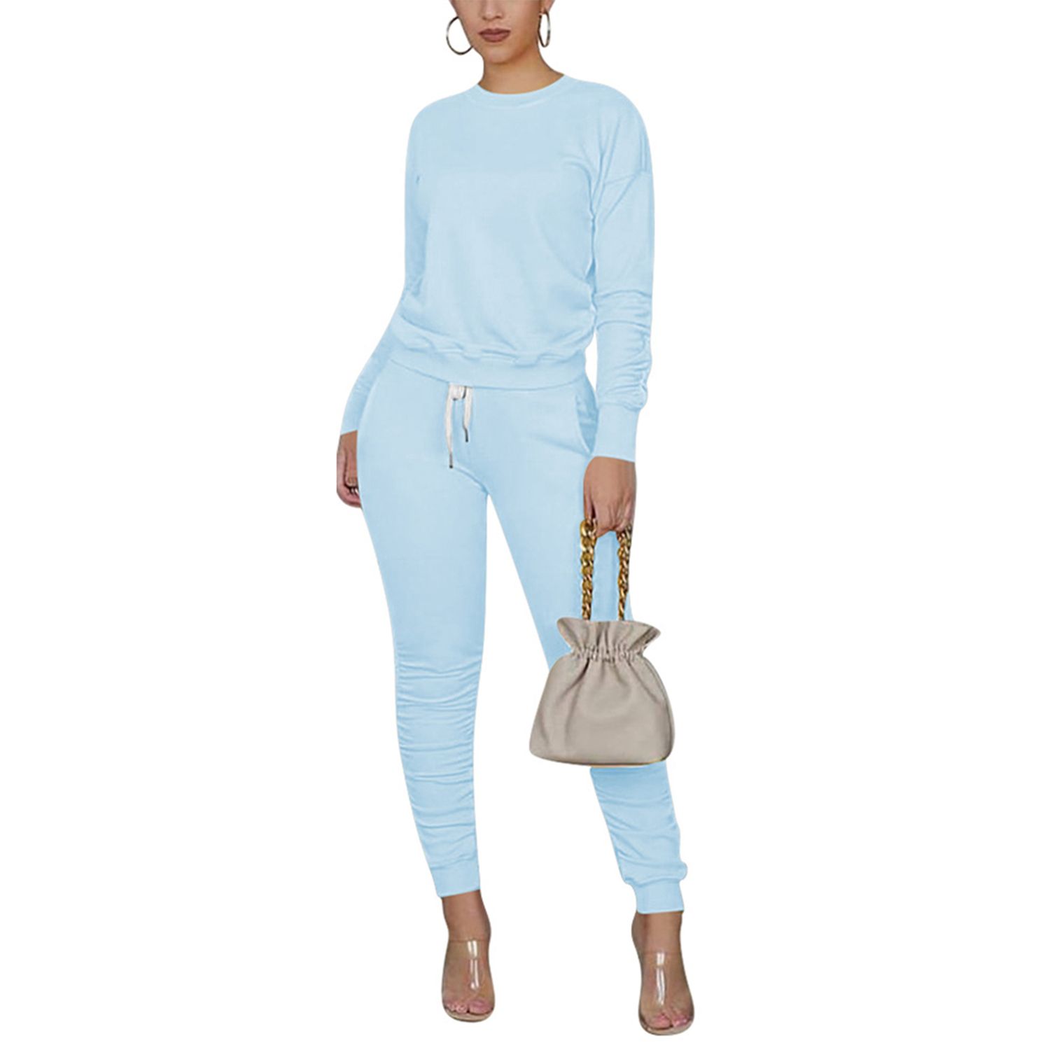 2021 Women's Fluorescent Solid Long Sleeve Set, Classic Round Neck Tight Top, Pleated Slim-fit Exercise P