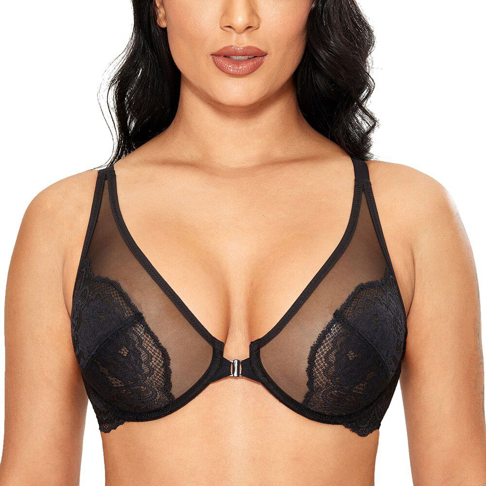 DOBREVA Women's Front Closure Unlined Underwire Plus Size Minimizer Bralette Lace See Through Bra DD E F Cup
