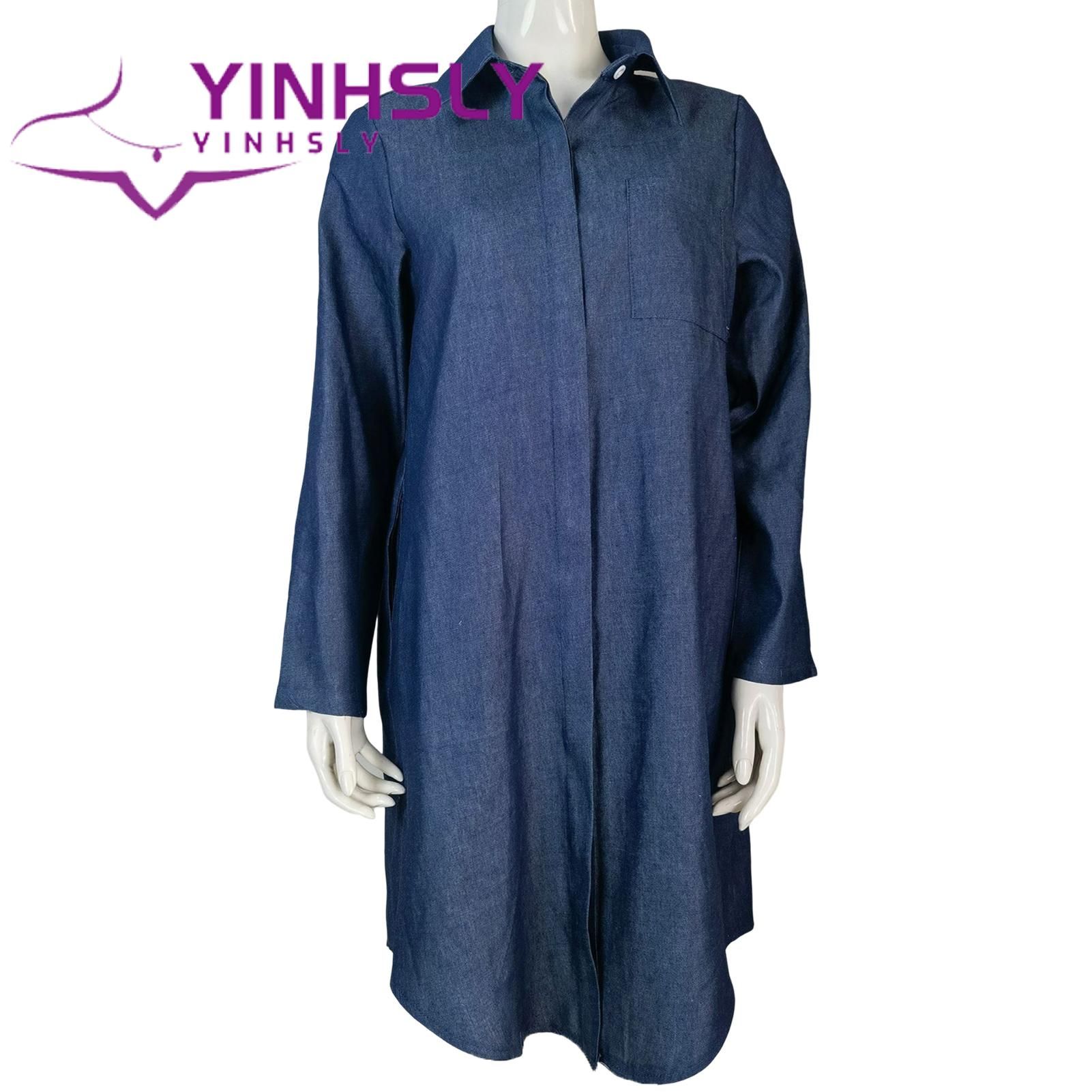 Women Dress Long Sleeve Turndown Collar Knee Length Dress